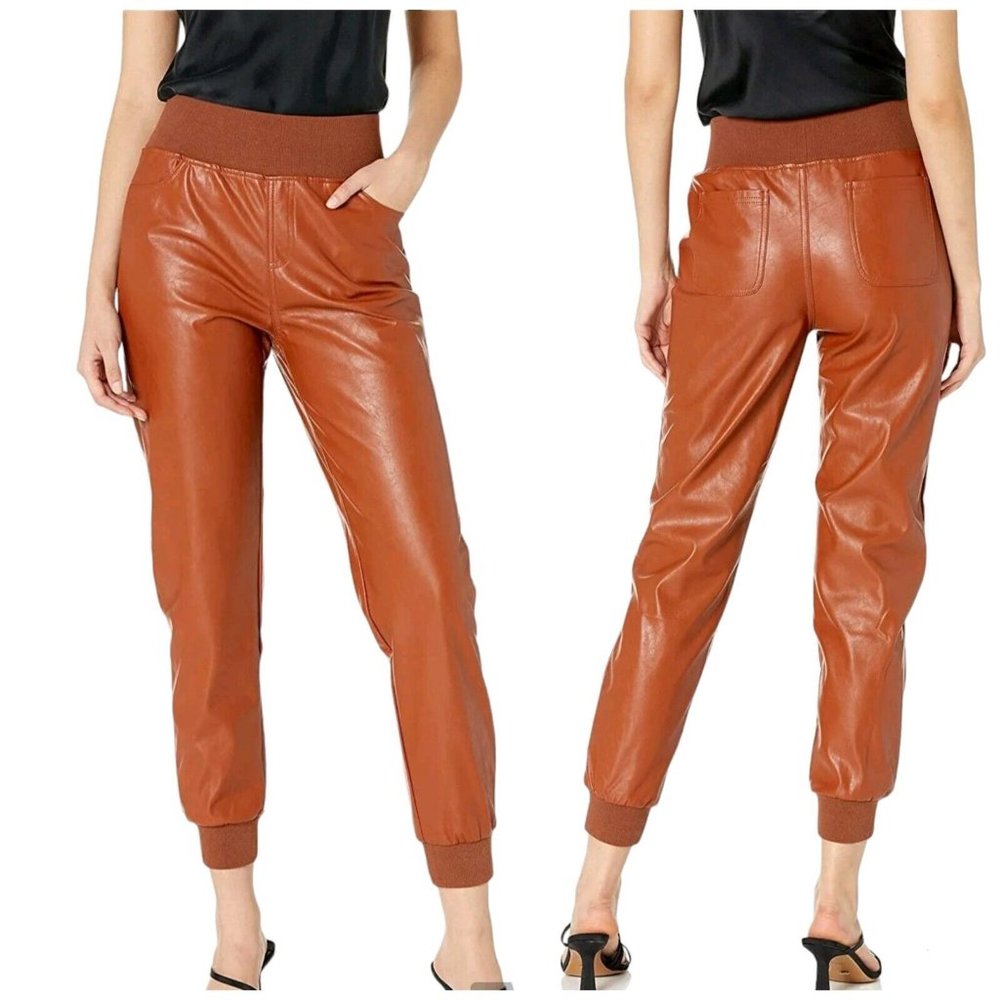 Kendall & Kylie Womens Brown Vegan Leather Jogger Pants Pull On Size Large NWT